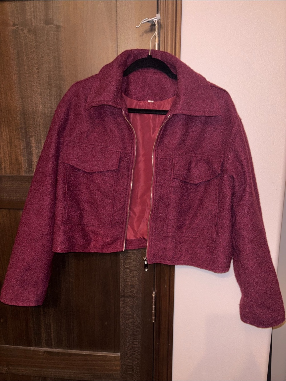 SHEIN Burgundy Cropped Bomber Jacket